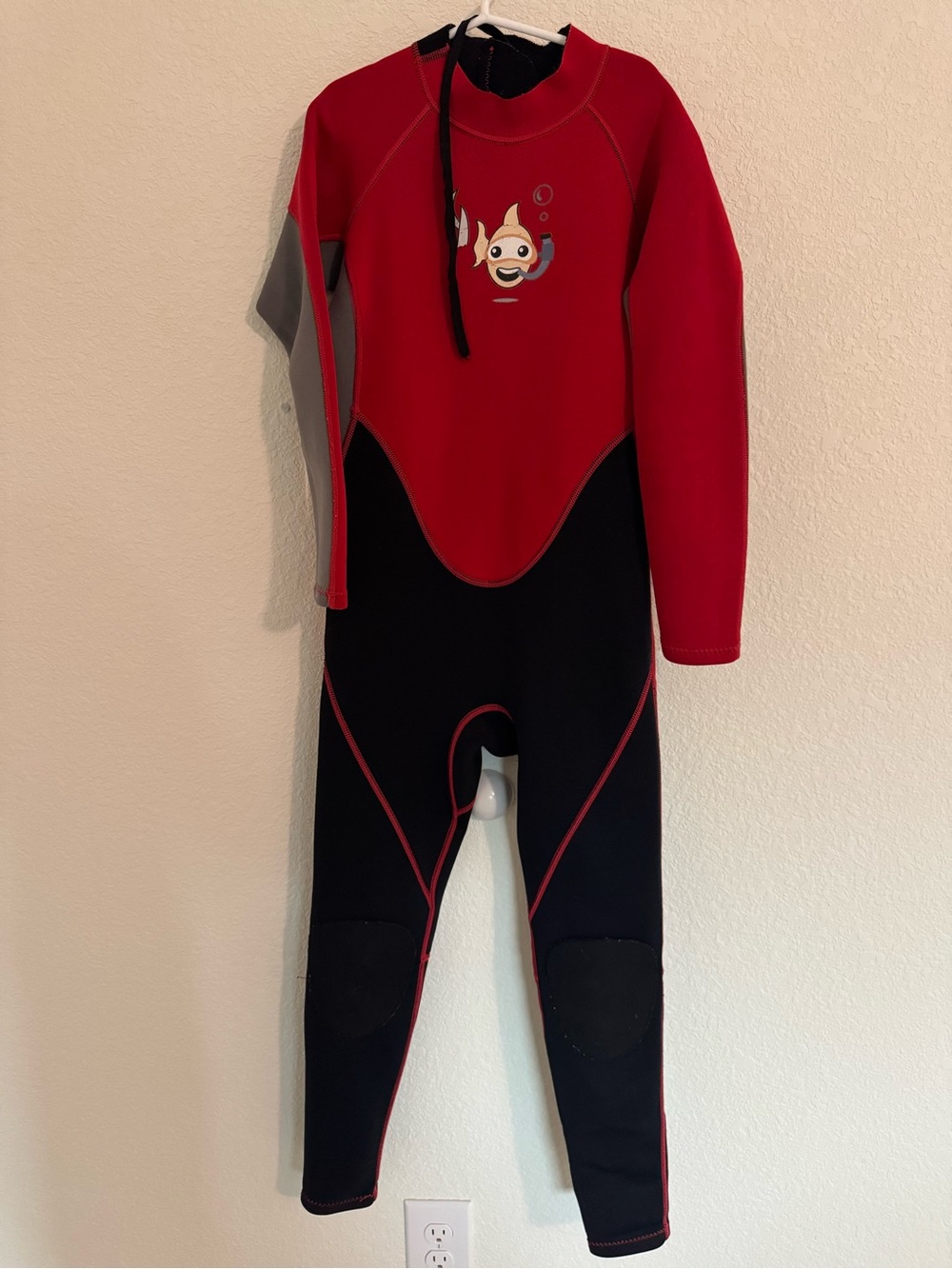 Red and Black Kids One-Piece Wetsuit with Playful Fish Motif